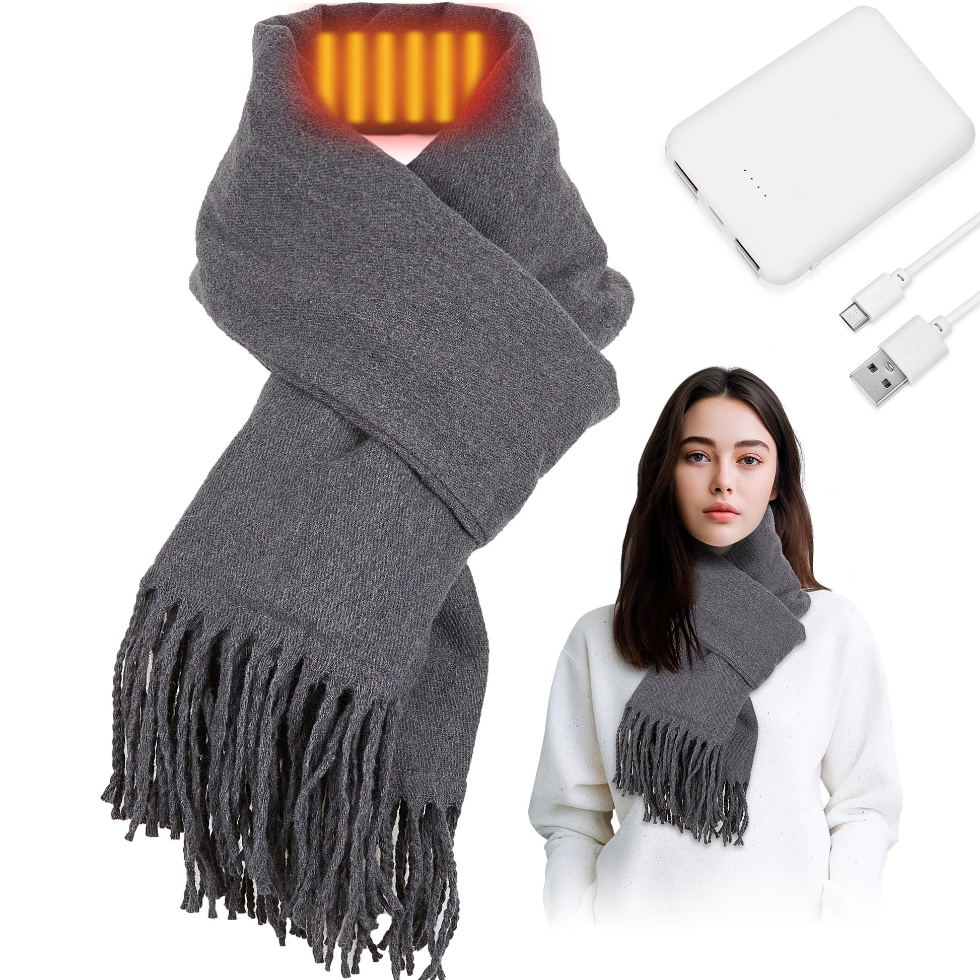 Heated Scarf for Women Men, USB Heating Scarf Long Shawl Warm Winter Electric Heated Neck Warmer Neck Heating Pad Scarves Cape,Black and White Plaid